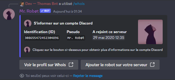 Mr. Robøt : Fonctionnalité primaire, des commandes utilitaires sur Discord